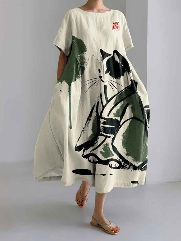 Vintage Japanese Cat Art Print Midi Dress