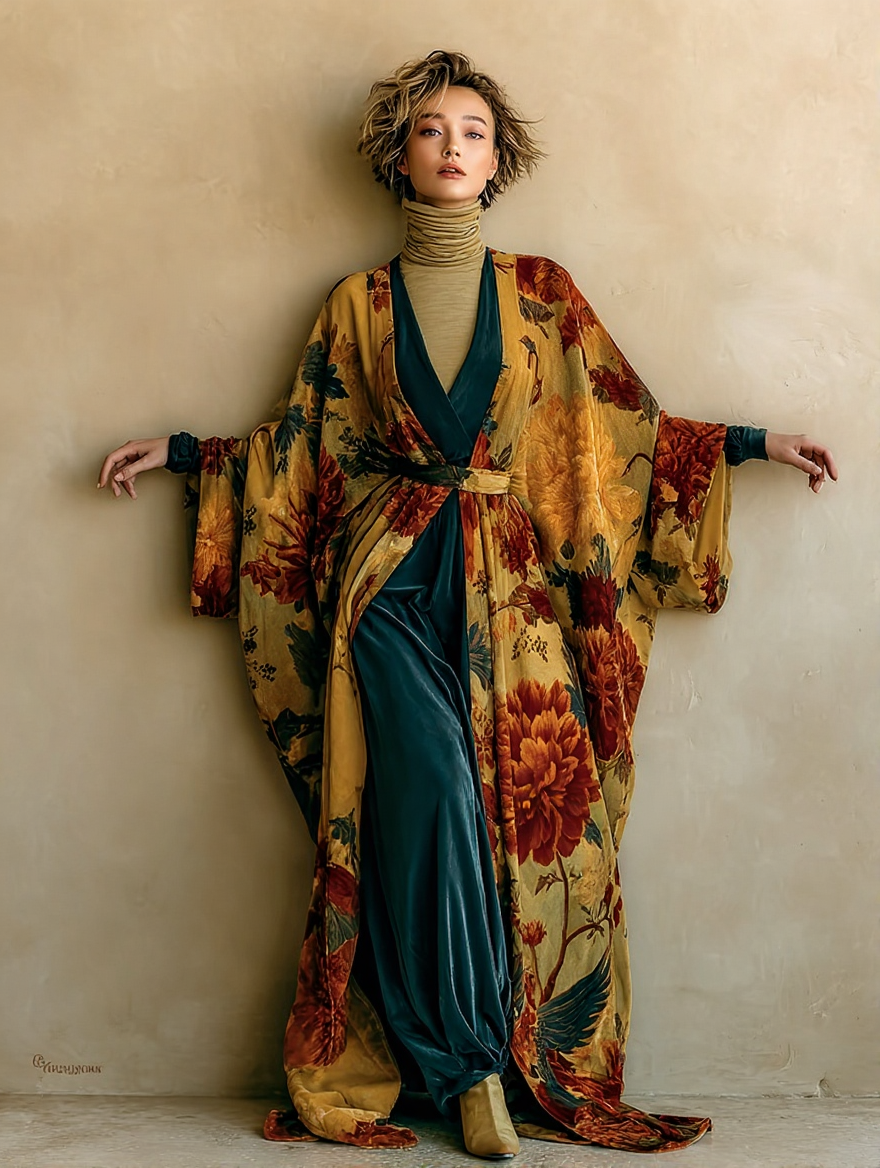 Velvet Vintage Printed Cardigan Gown