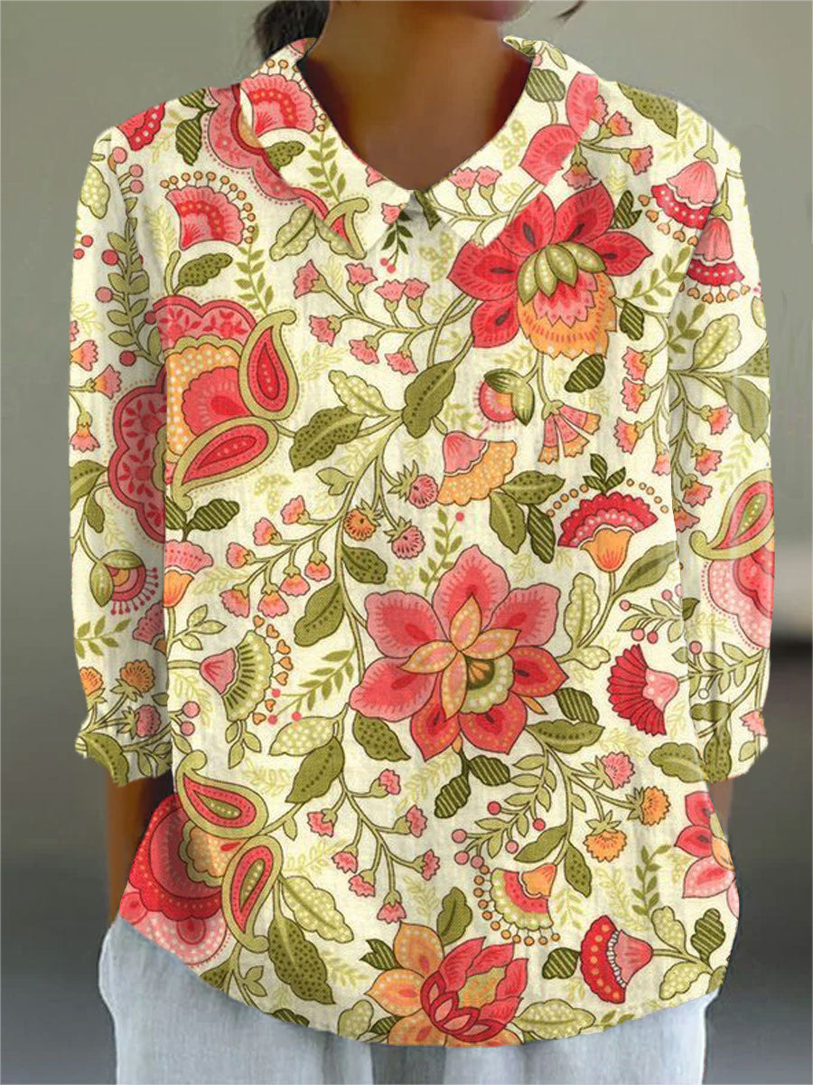 Vintage Flower Art Print Casual Cotton & Linen 3/4 Sleeve Shirt