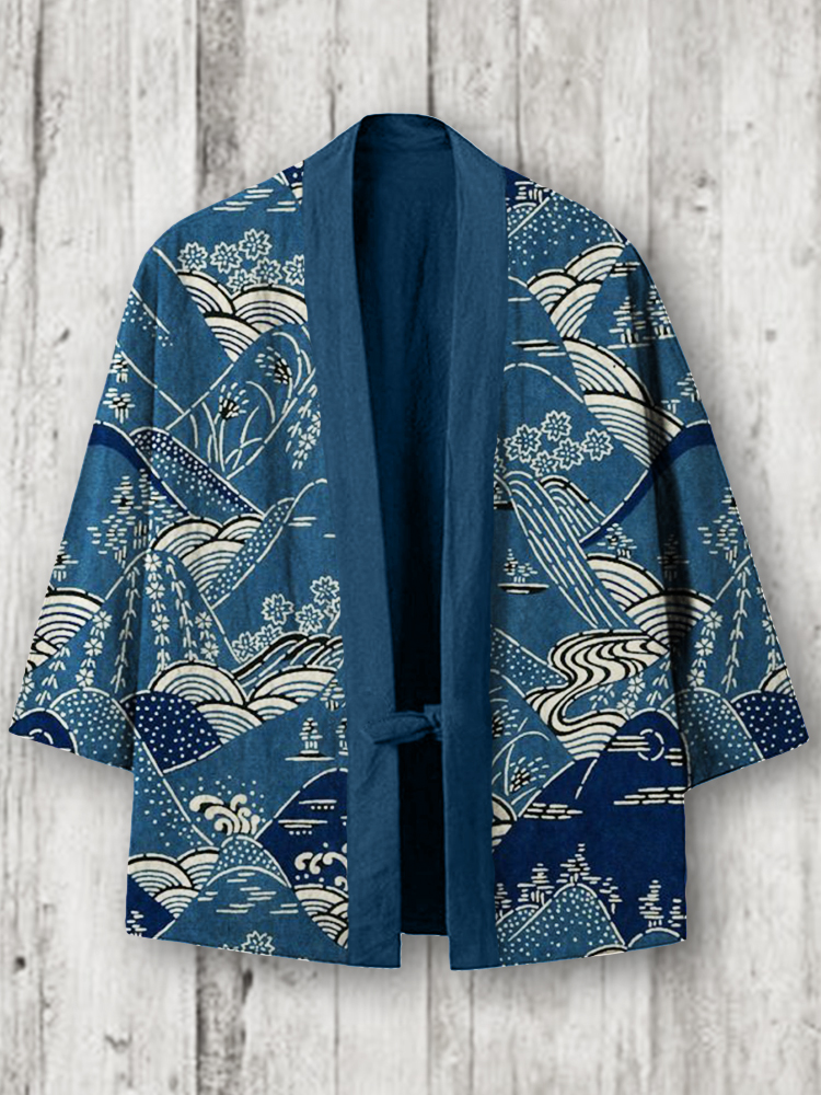Mountains Landscape Japanese Pattern Linen Blend Kimono Cardigan