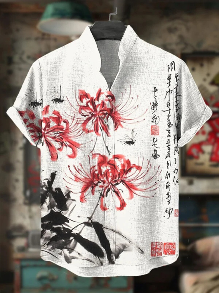 Men's Red Spider Lily Calligraphy Ink Painting Art Print Casual Shirt