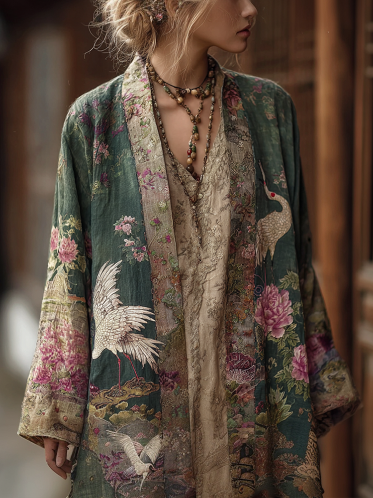 Japanese Art Retro Style Plant Flower & Crane Pattern Women's Cotton & Linen Cardigan