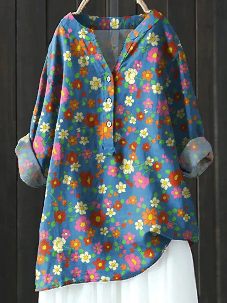Floral Art Print Casual Cotton & Linen Shirt