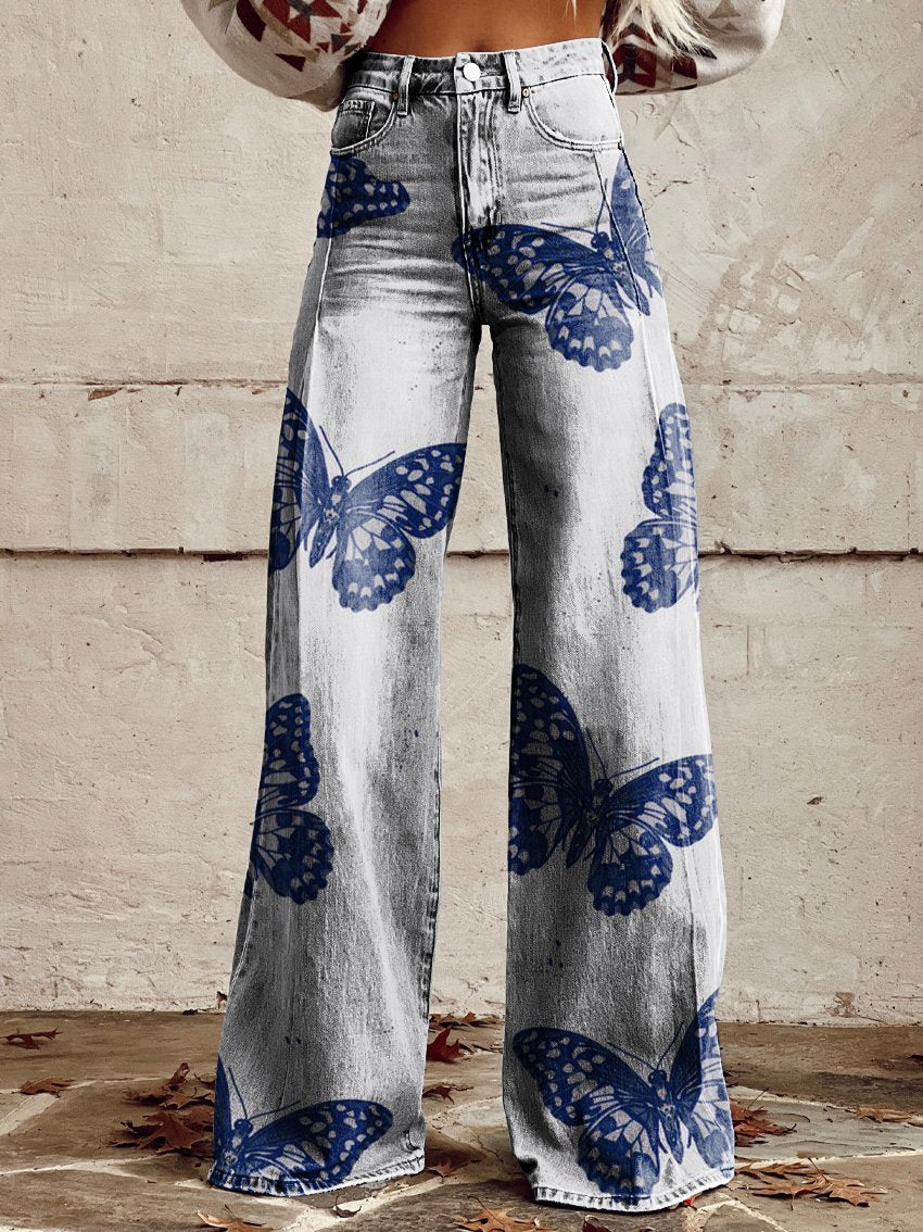 Blue Butterfly Women's Print Casual Wide-Leg Pants