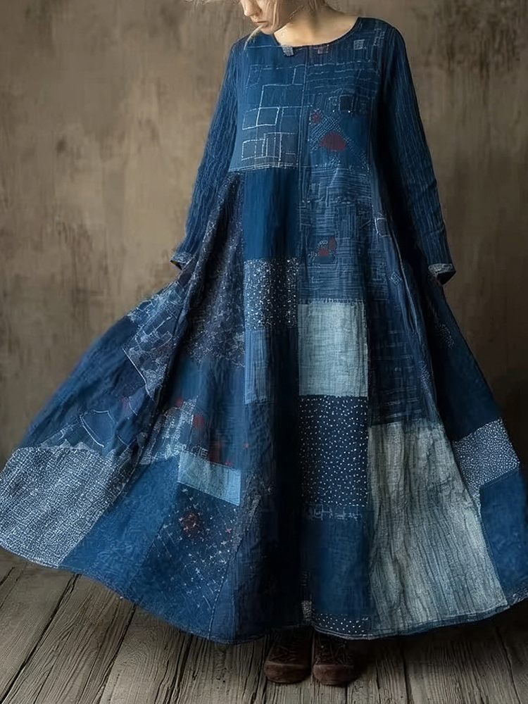 Vintage Japanese Sashiko Patchwork Flowy Maxi Dress
