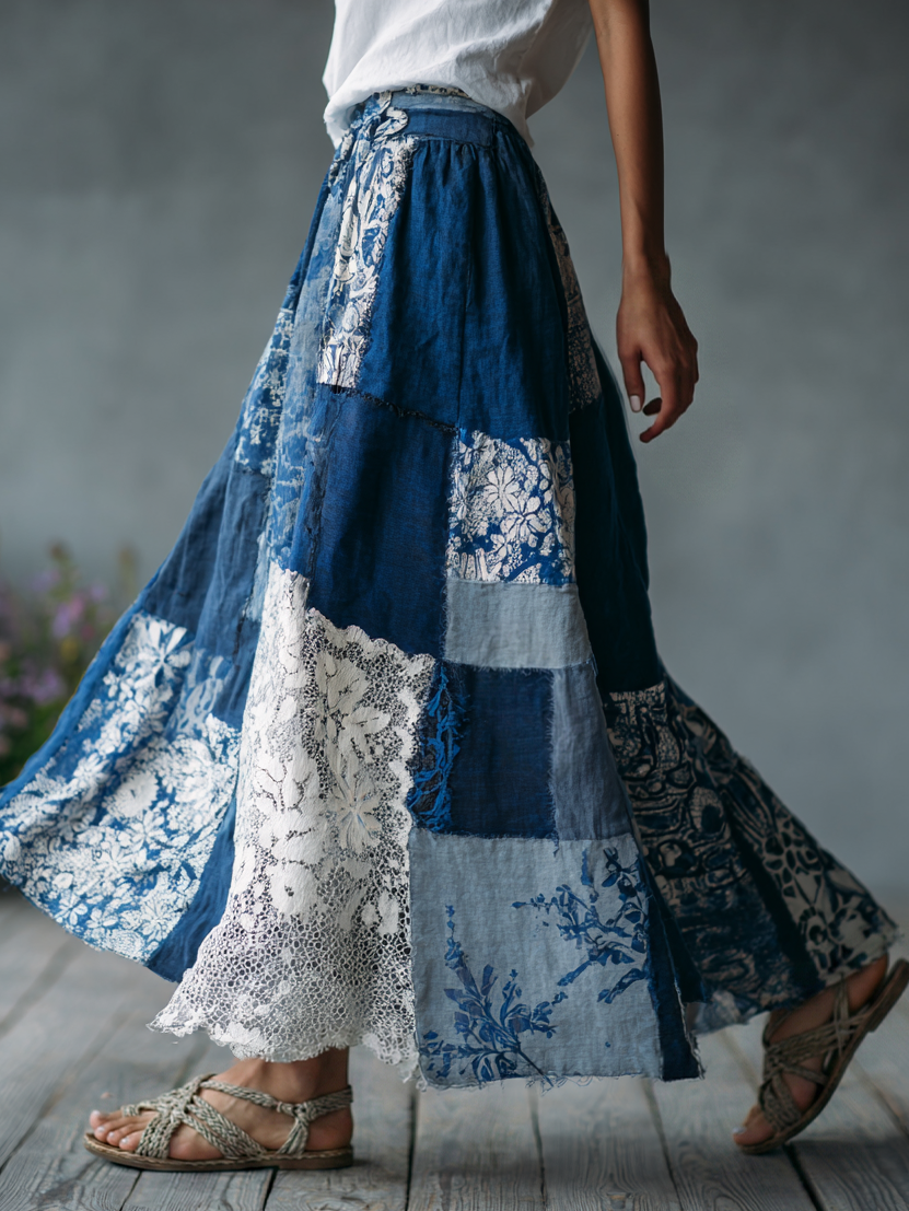 Retro Floral Embroidery Patchwork Art Linen Blend Casual Midi Skirt
