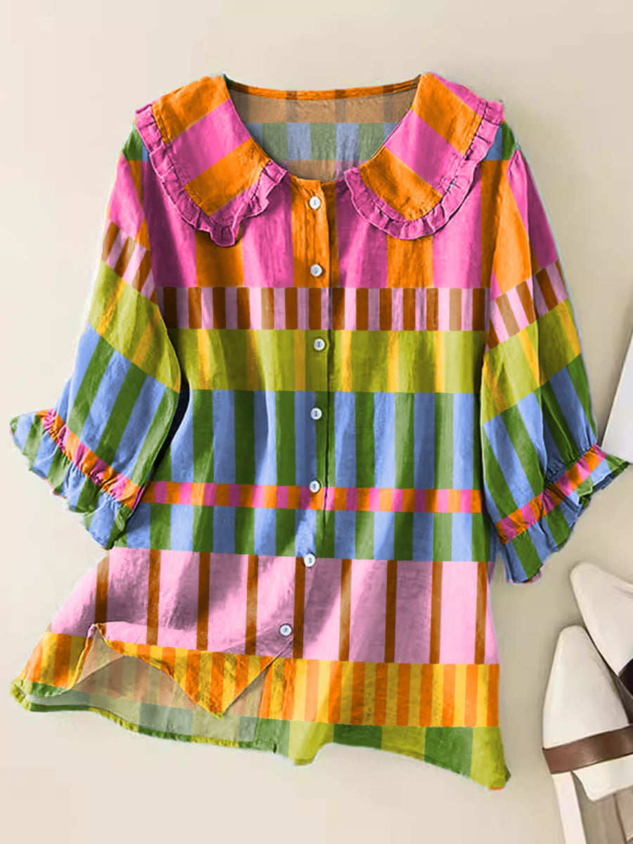Geometric Pattern Art Print Casual Peter Pan Collar Cotton Shirt