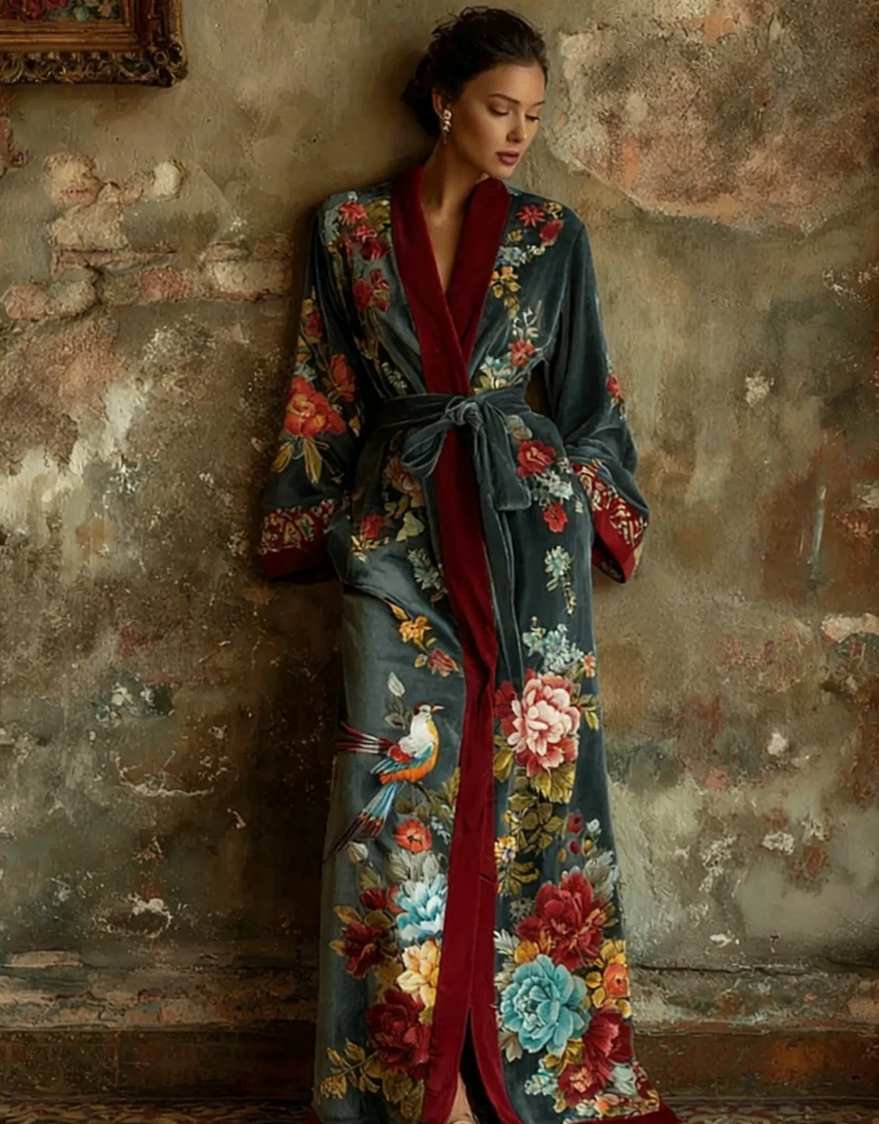 Autumn and winter elegant velvet robe (with belt)