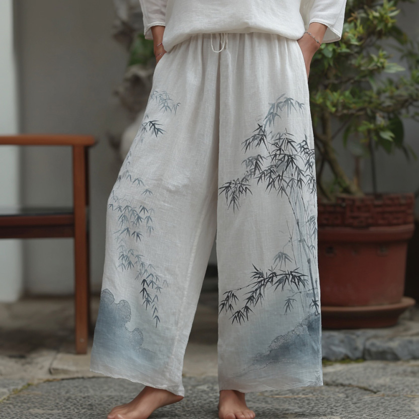 Japanese Style Bamboo Pattern Linen Trousers