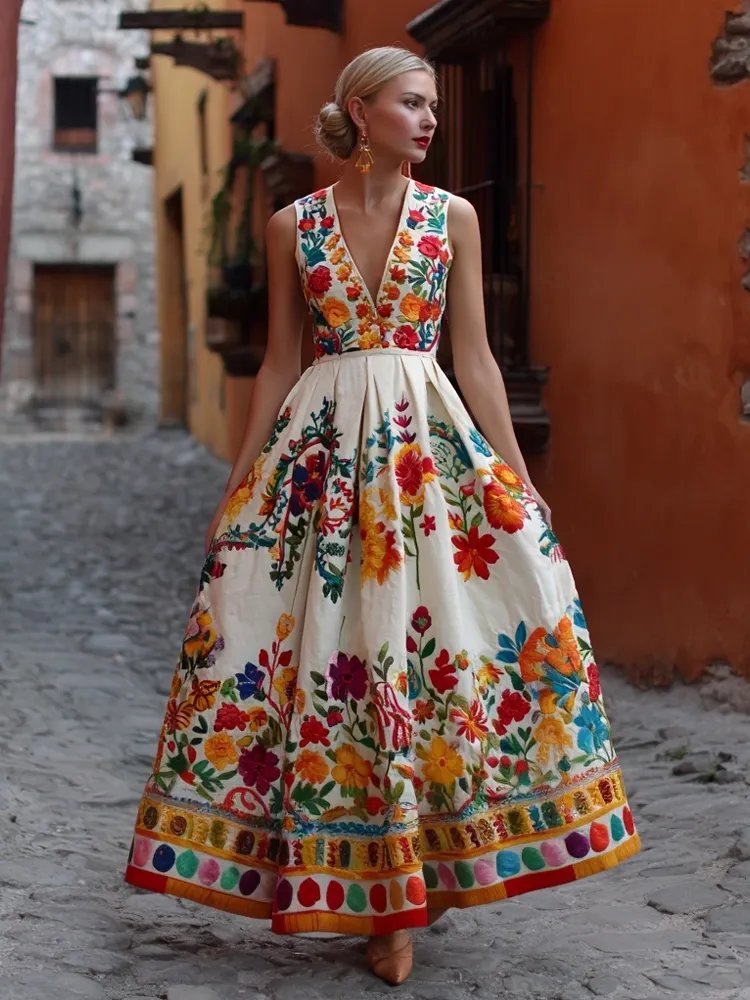 Mexican Flowers Embroidered V Neck Flowy Maxi Evening Dress