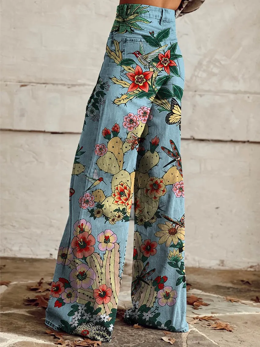 Hacienda Cactus Print Casual Wide-Leg Pants
