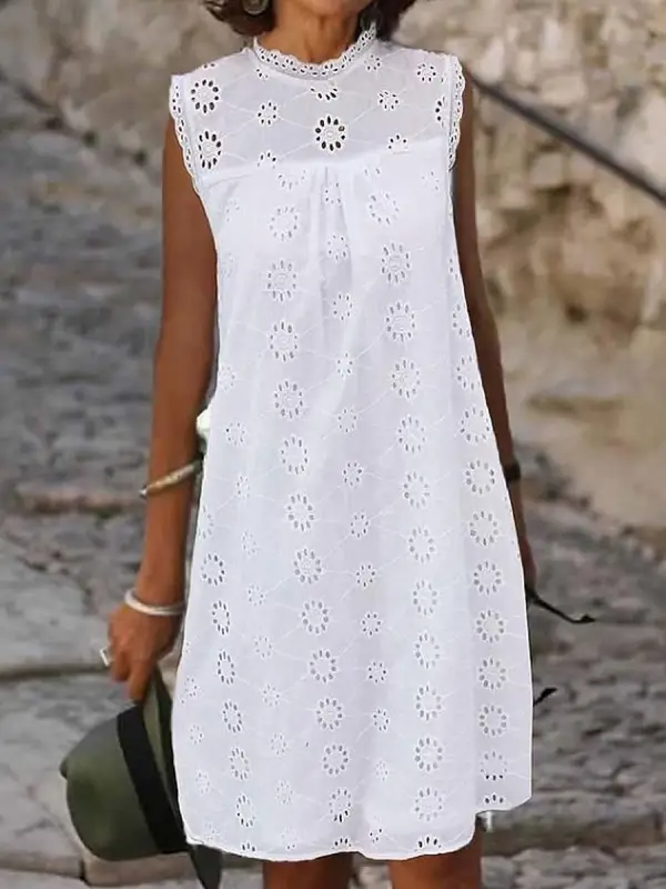Casual Round Neck Sleeveless Lace Mini Dress