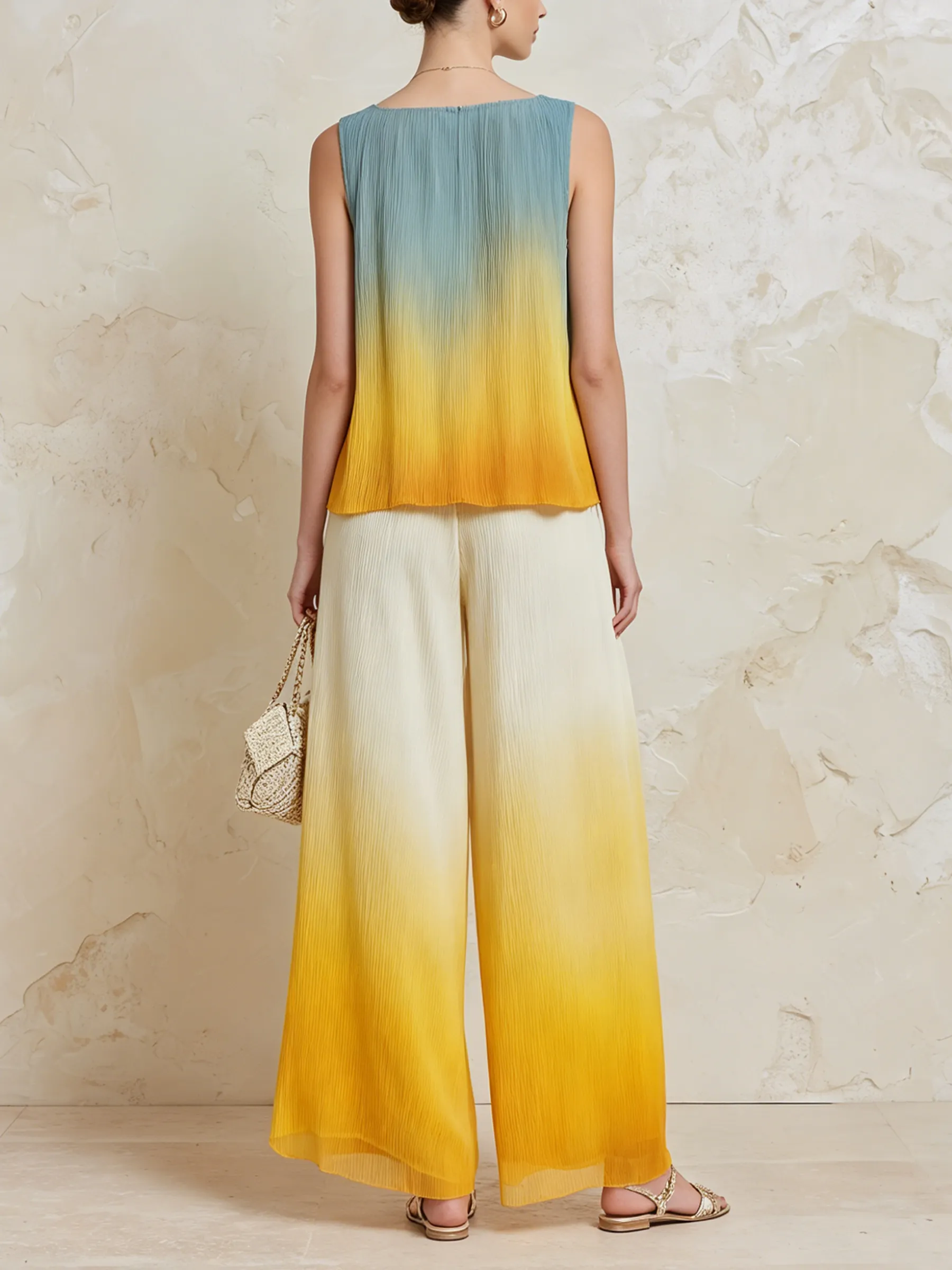 Sunset Ombré Sleeveless Two-Piece Wide-Leg Set