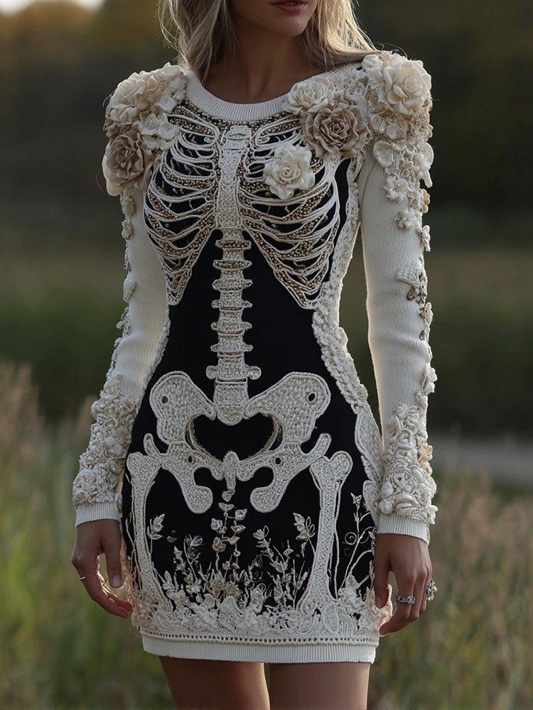 Women's Halloween Skeleton Bones With Rose Art Cozy Knit Mini Sweater Dress