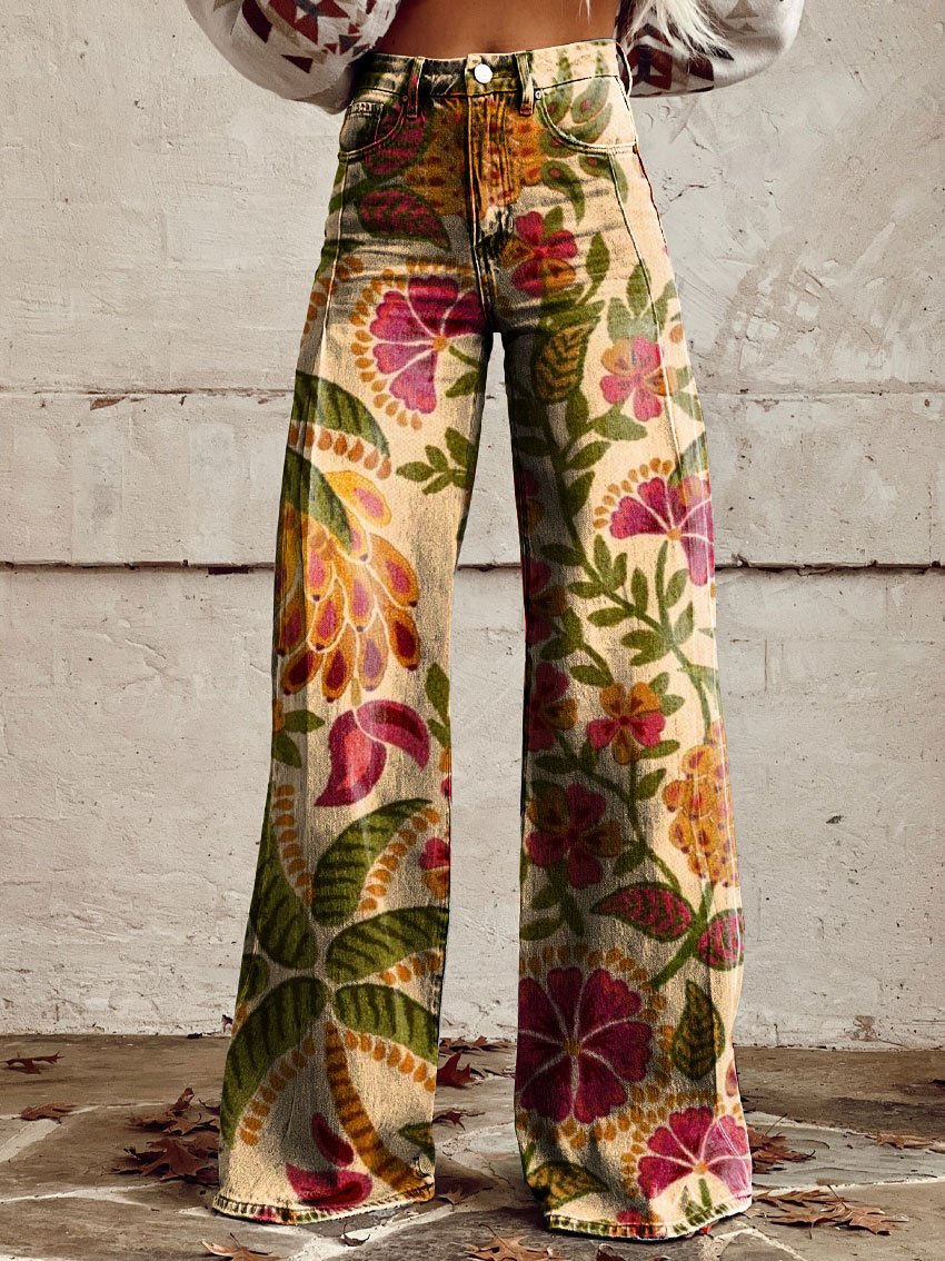 Vintage Print Casual Wide-Leg Pants