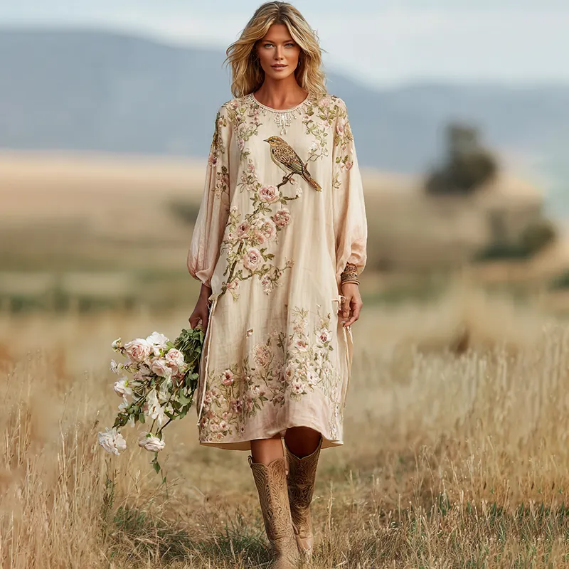 Women's Vintage Boho Roses And Birds Art Casual Dress