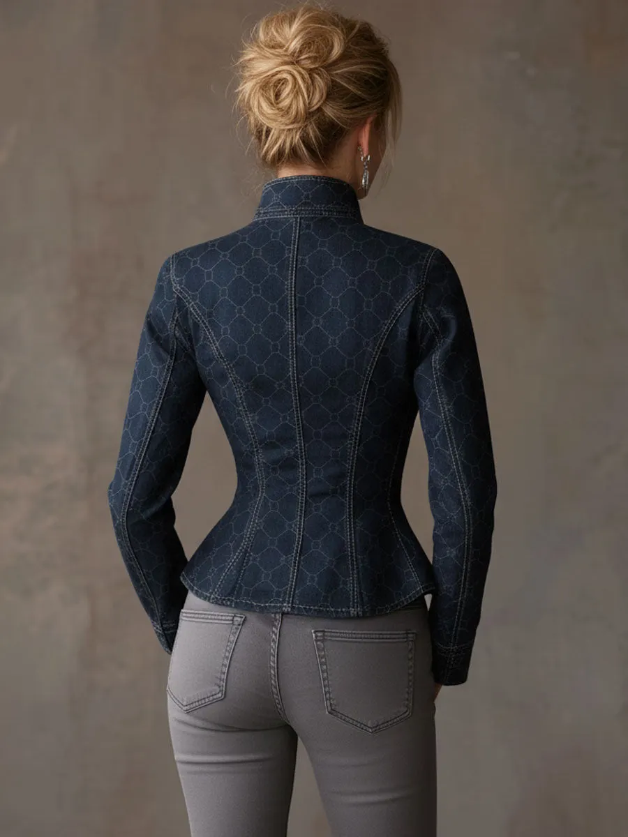 Fashionable Retro Geometric Print Navy Denim Jacket