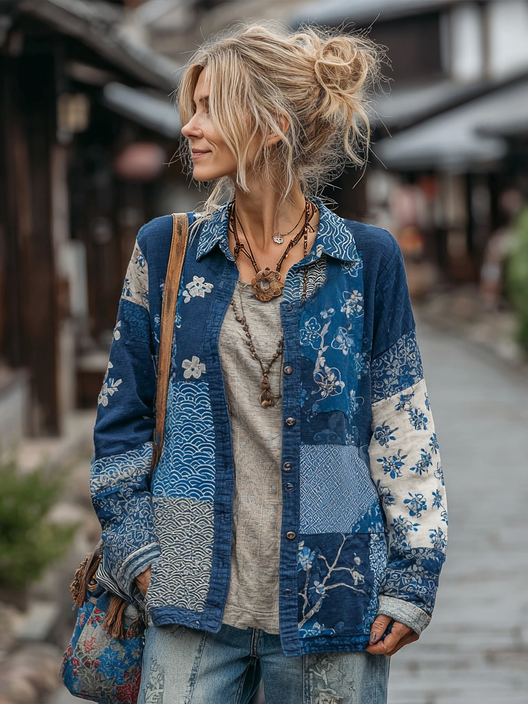Vintage Japanese Floral Patchwork Linen Button-up Shirt
