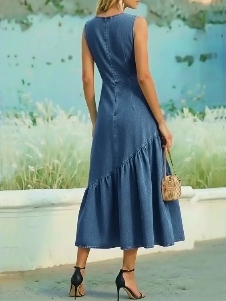 Sleeveless Cotton Denim Dress With Ruffled Hem