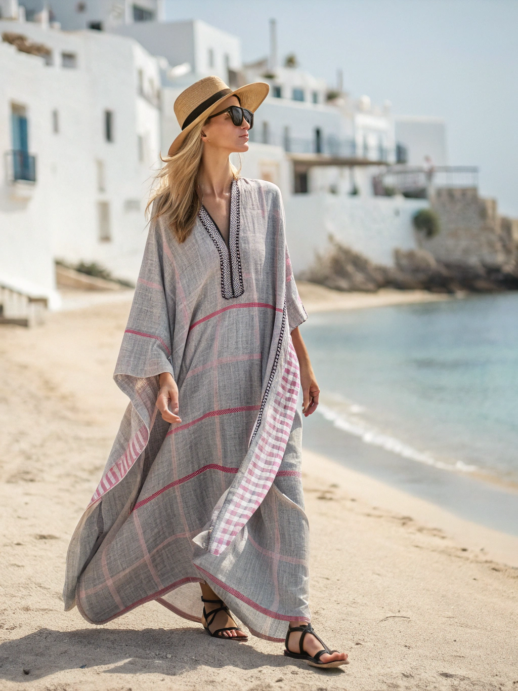 Contton & Linen Long-Sleeve Kaftan Maxi Dress