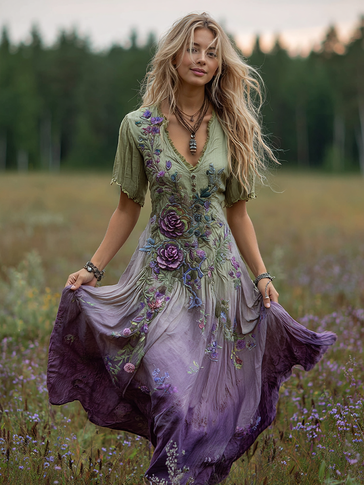 Bohemian Floral Art Gradient Linen Maxi Dress