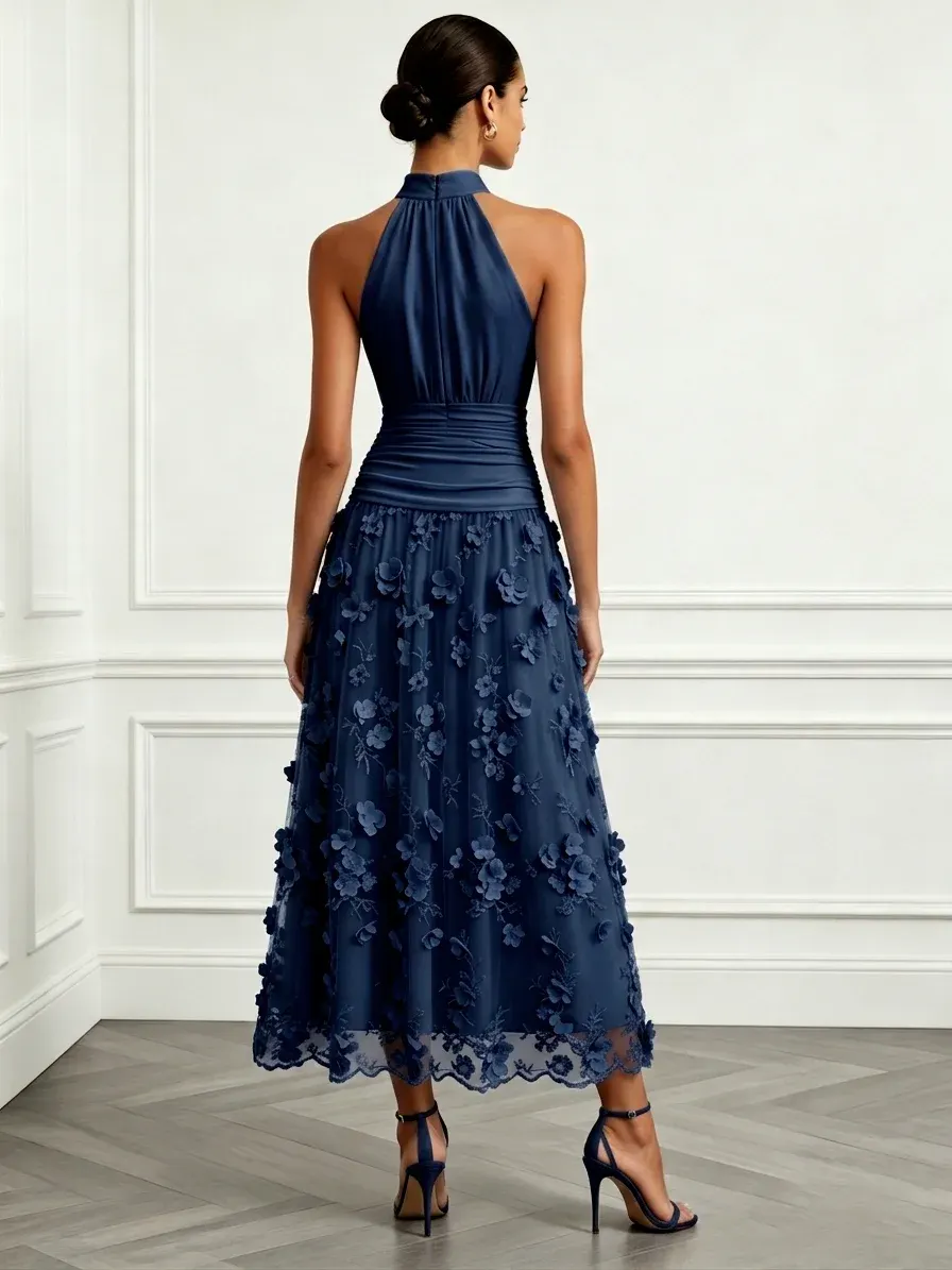 Purplish Blue 3D Floral Classic Halter Neck Sleeveless A-Line Maxi Dress