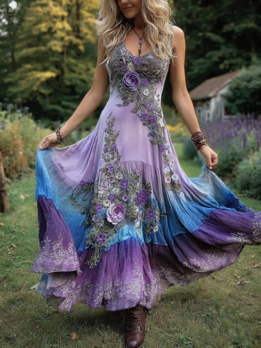 Classy Gradient Purple Lavender And Floral Embroidered Maxi Dress