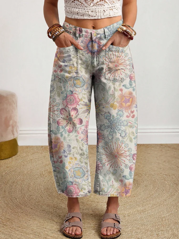 Retro Floral Art Print Casual Pocket Cotton Pants