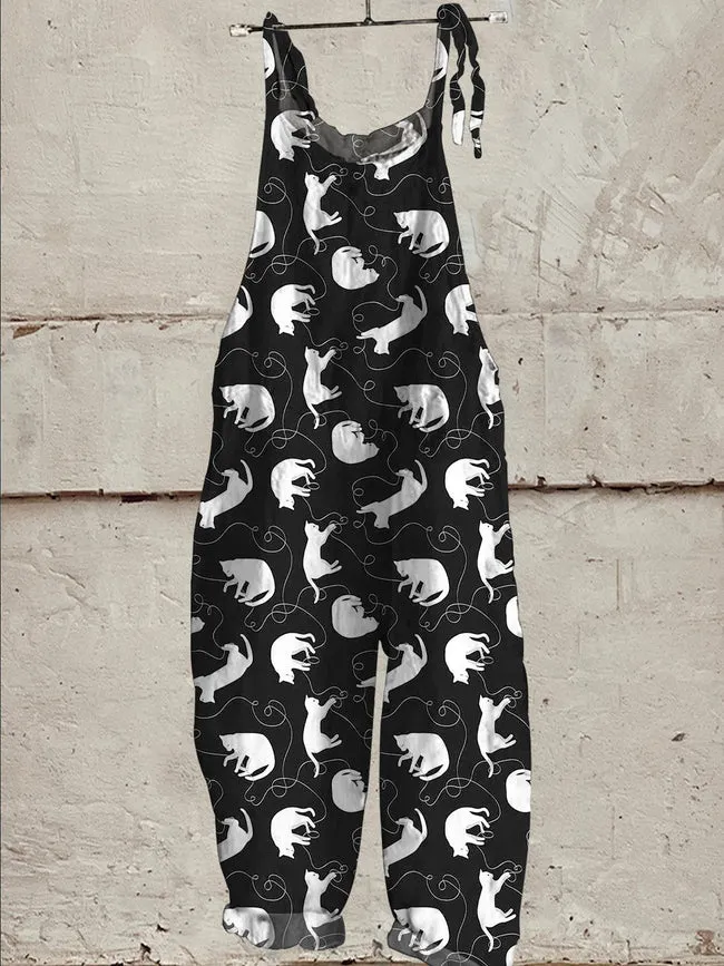 Lovely Cat & Yarn Ball Pattern Printed Women's Casual Wide-Leg Jumpsuit