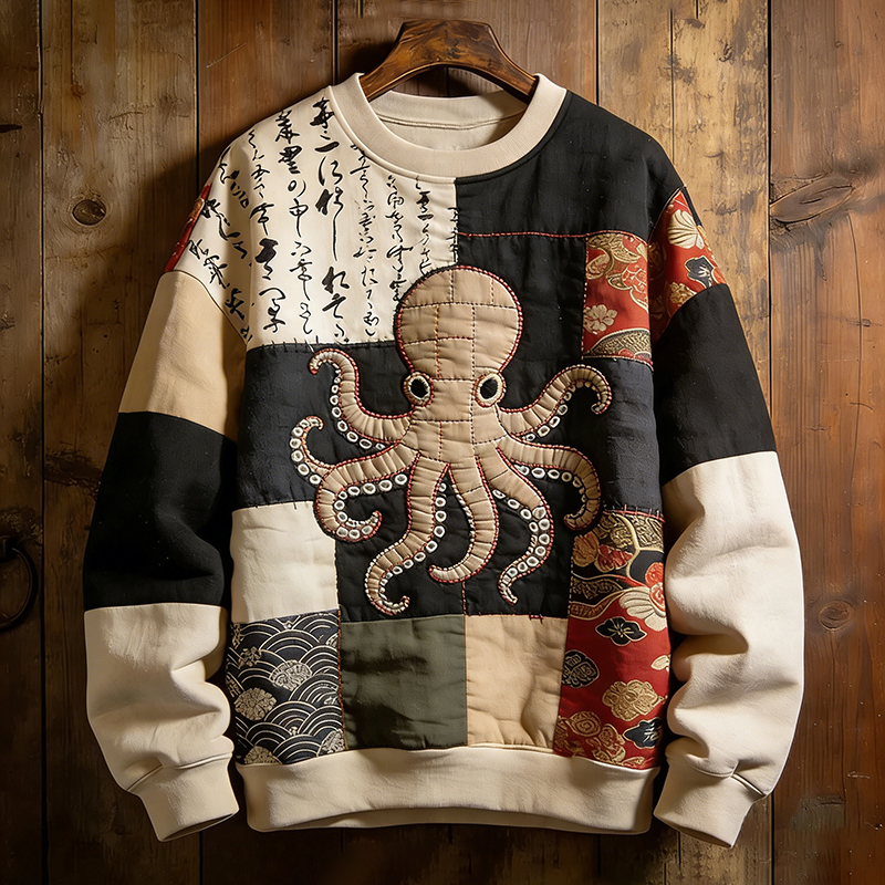 Men's Retro Octopus Japanese Art Patchwork Print Casual Sweatshirt