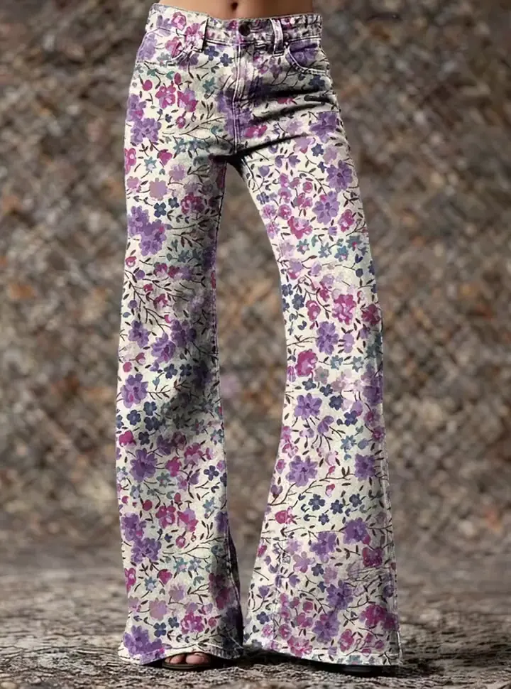 Retro Floral Art Print Casual Washed Cotton Pants