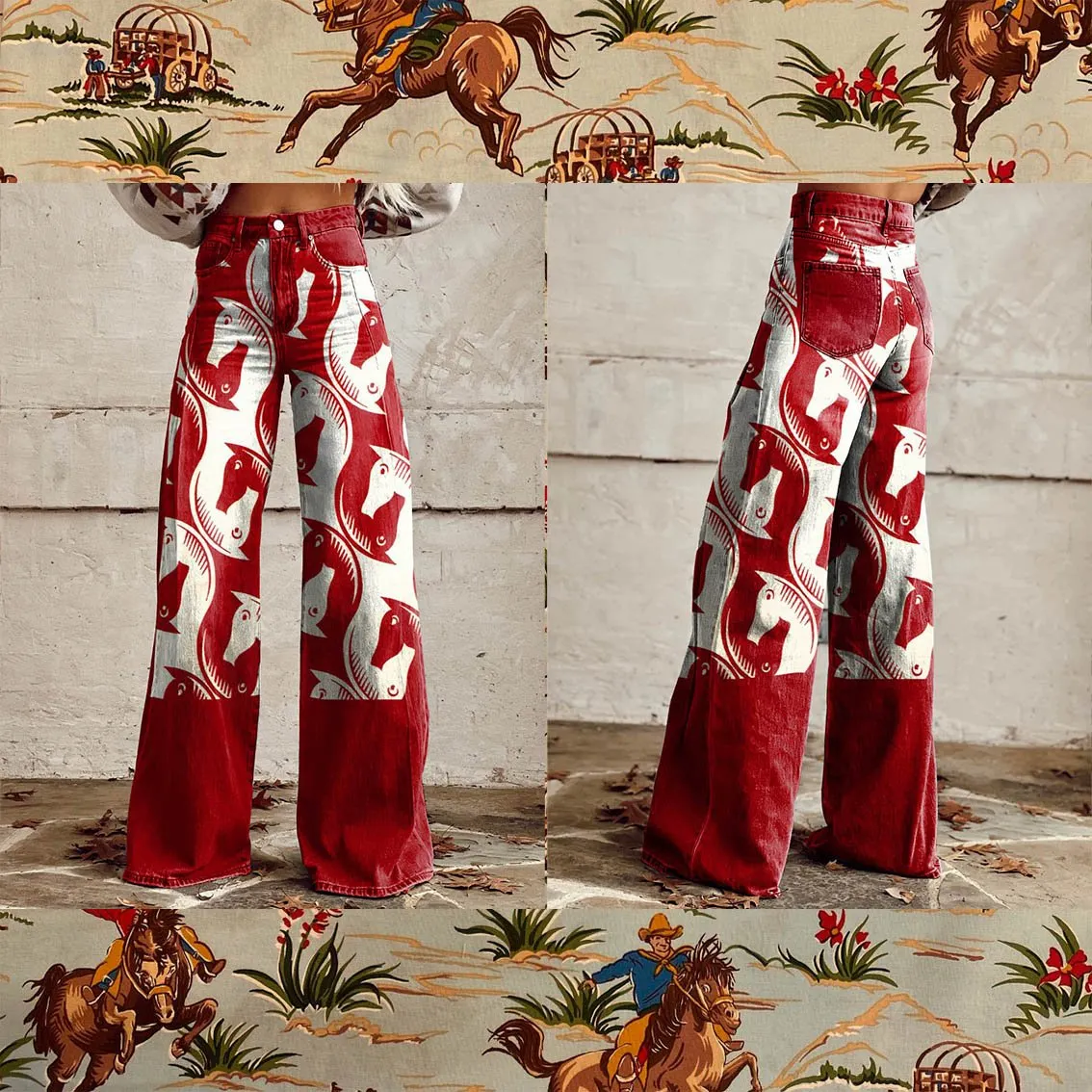Red Western Print Casual Wide-Leg Pants