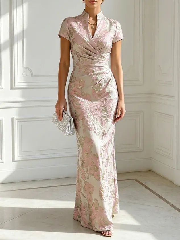 Light Blue Jacquard Classic V-Neck Short-Sleeve Mermaid Floor-length Gown