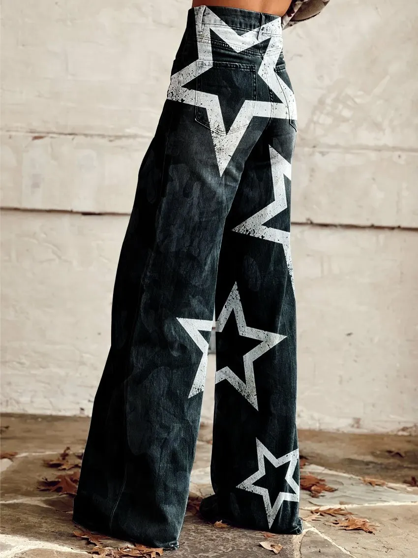 Vintage Stars Print Casual Wide-Leg Pants
