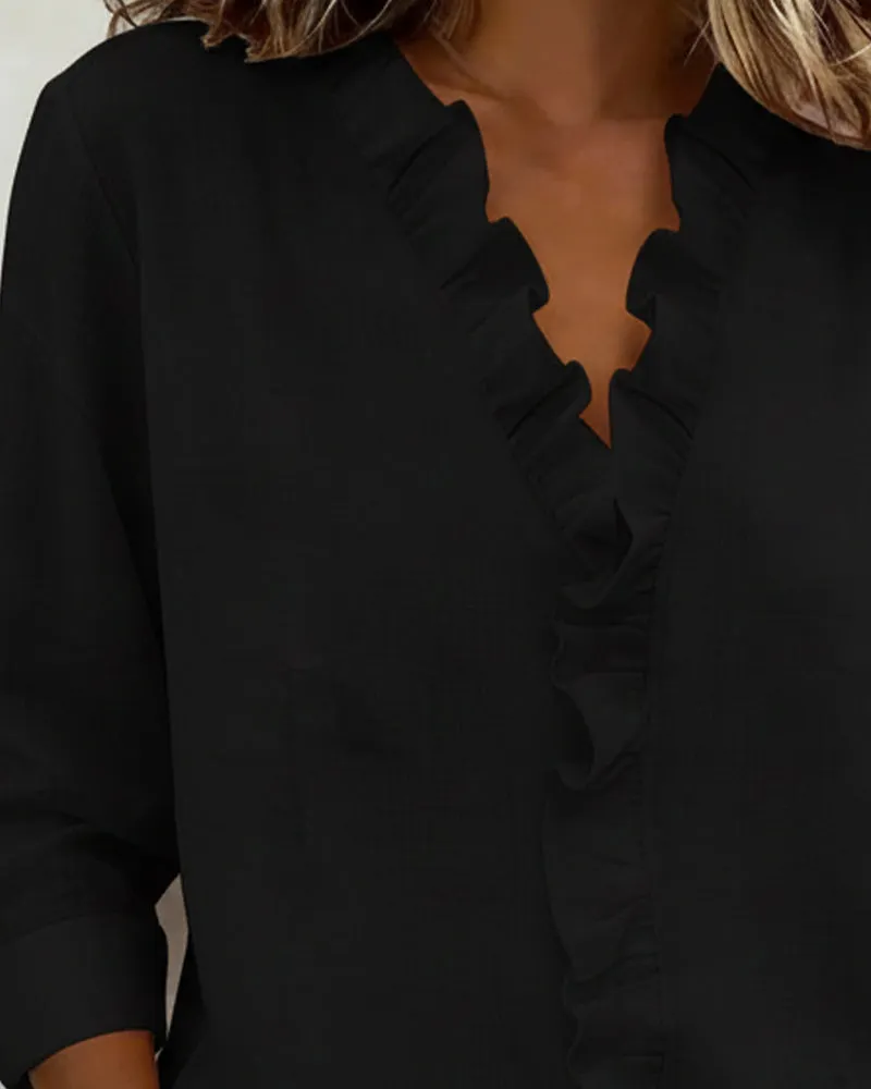 Ruffled Blouse with V-Neck & Long Sleeves