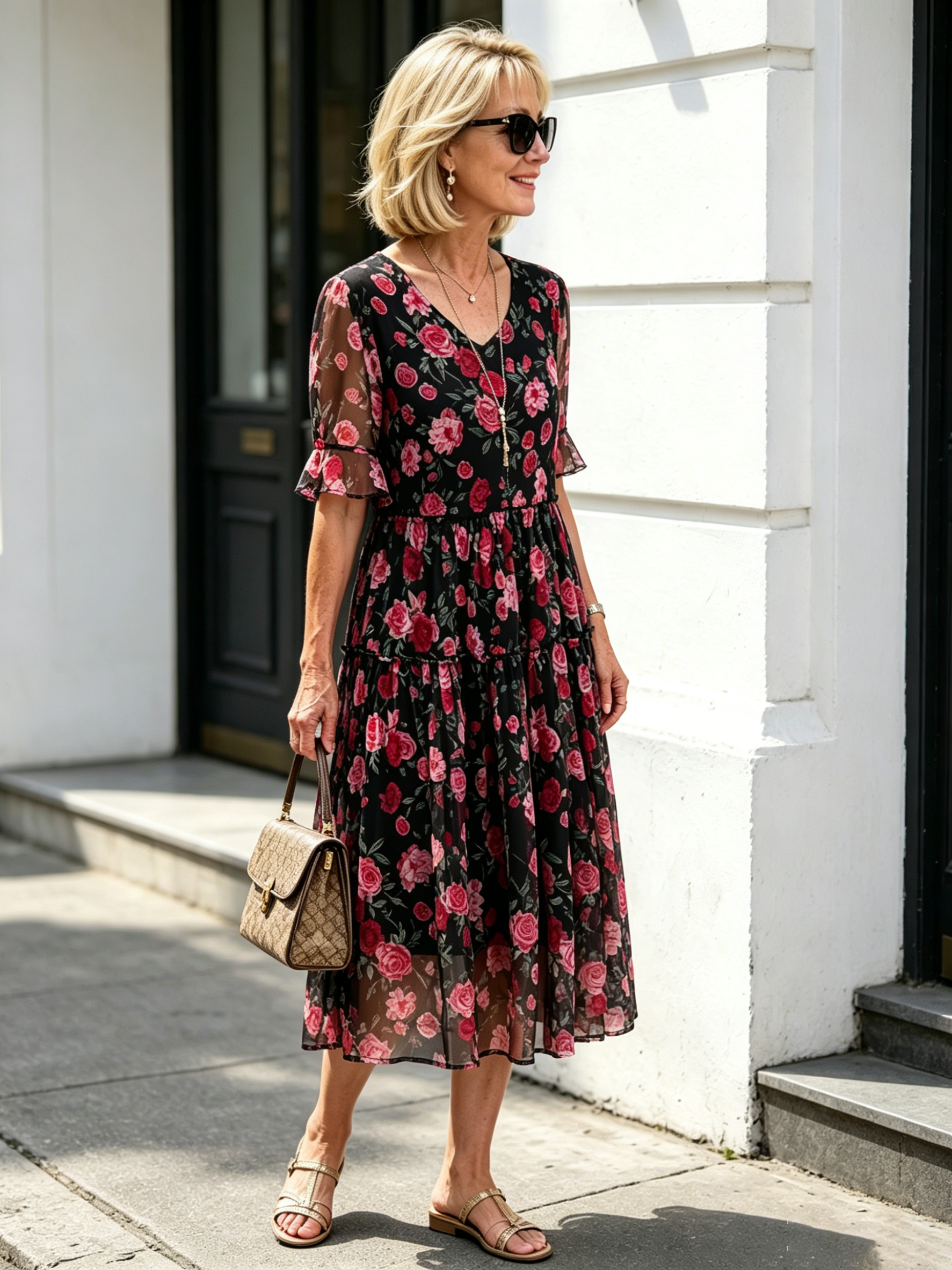 Black Floral Tiered Midi Dress
