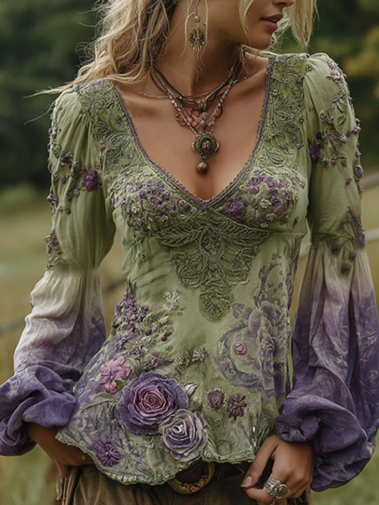Vintage Purple Lavender And Floral Embroidered Linenv Neck Long Sleeve Shirt