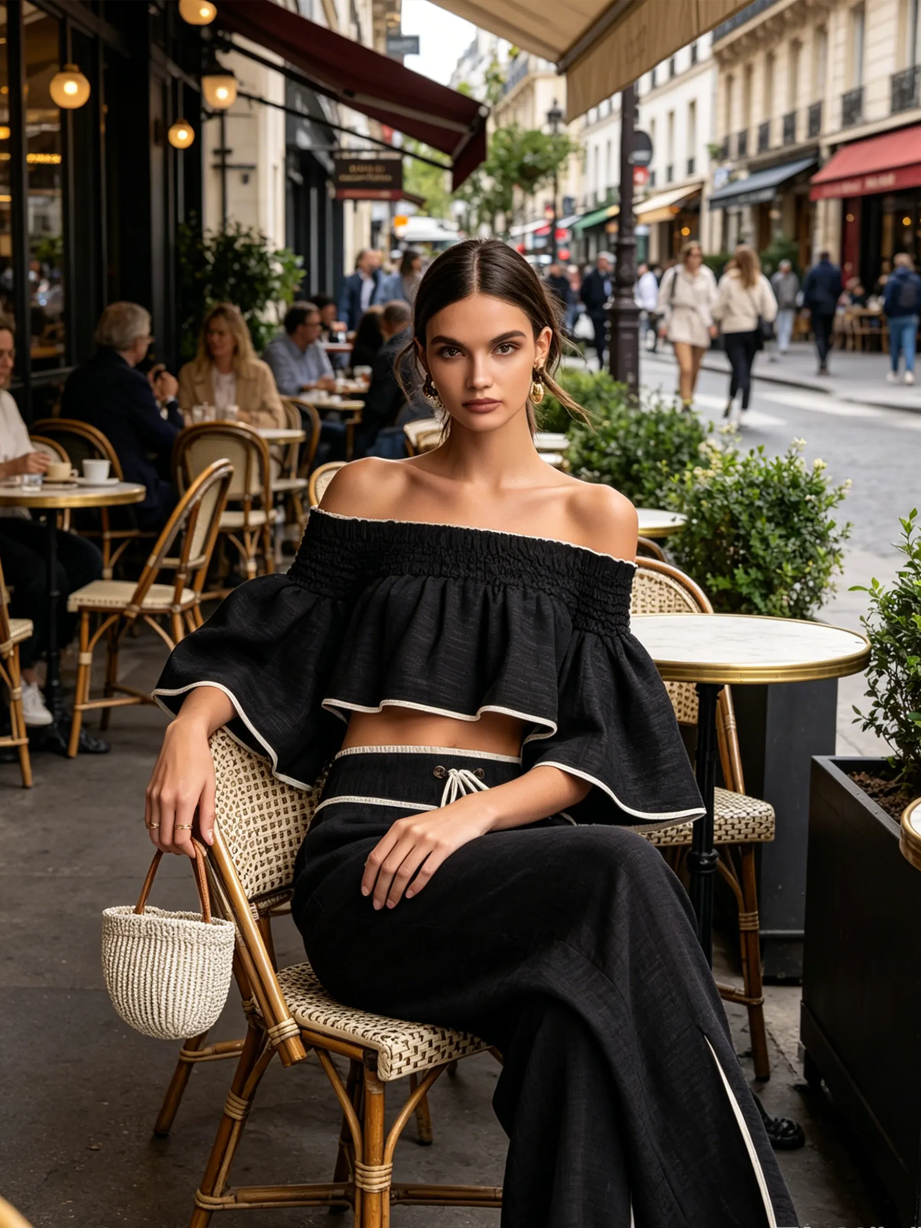 Black -Blend Off-Shoulder Two-Piece Set With Contrast Trim