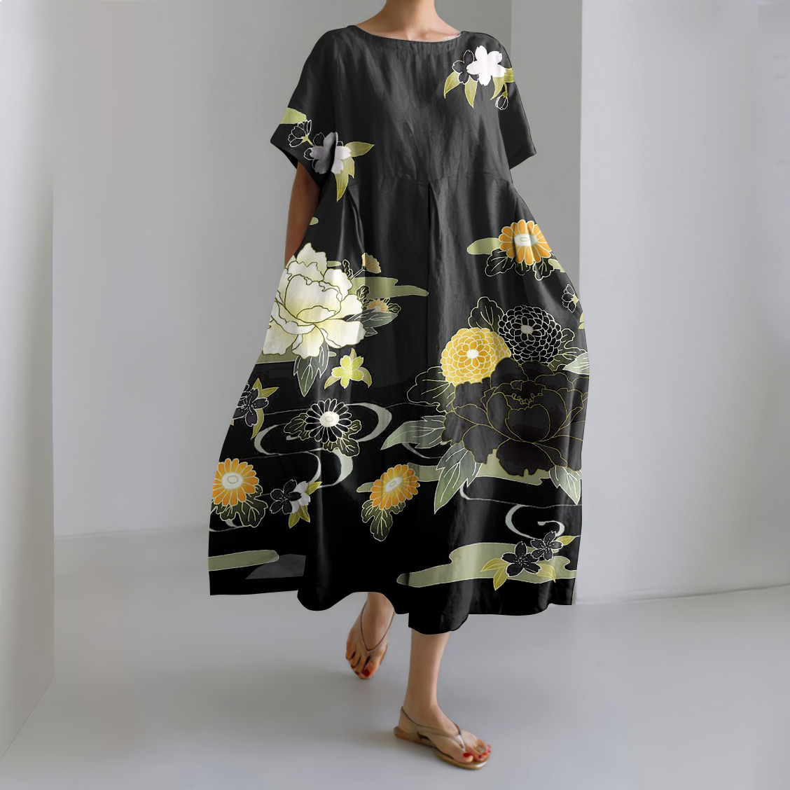 Japanese Art Print Short Sleeve Loose Midi Dress
