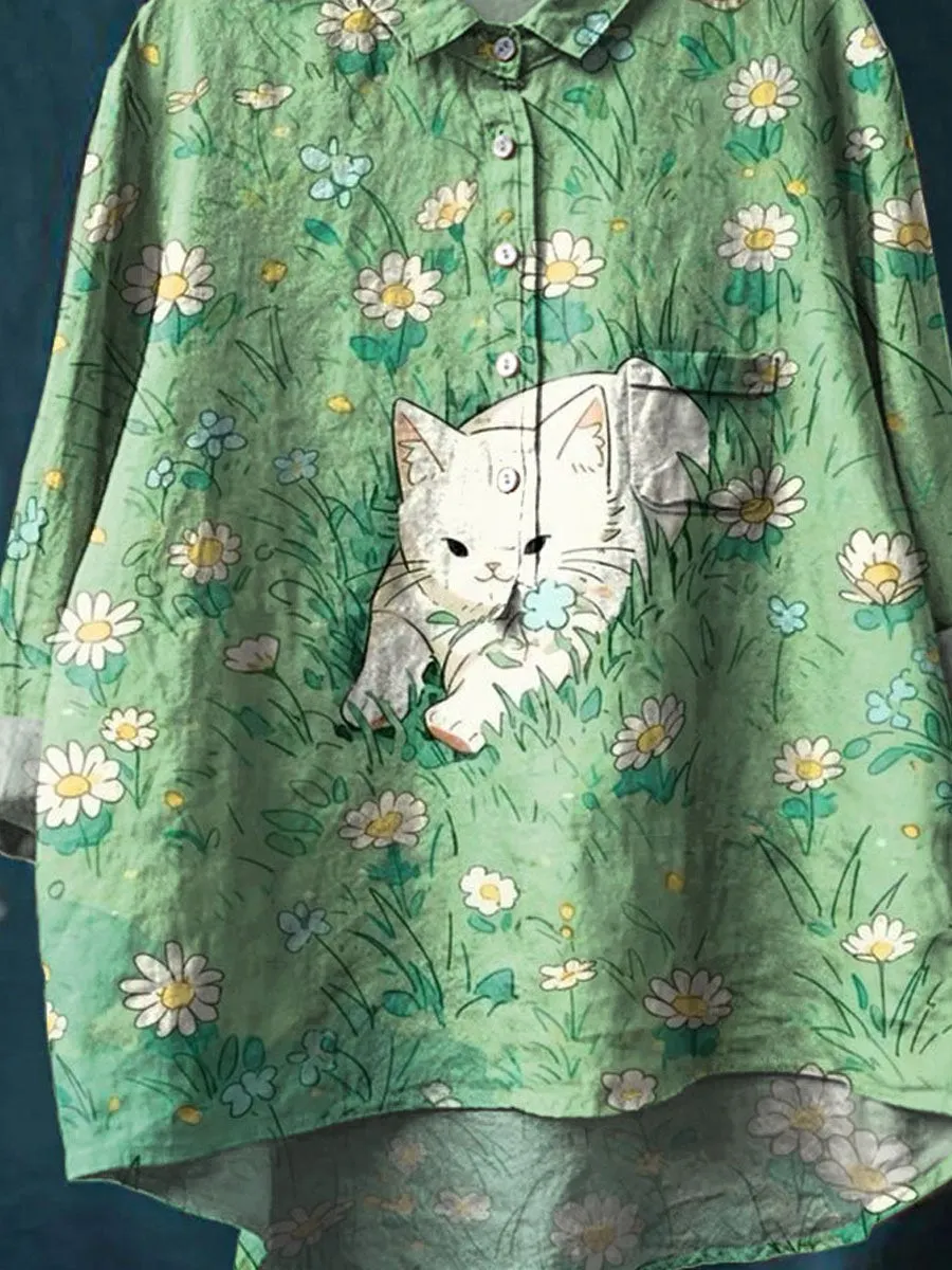 Lovely Cat Floral Art Print Casual Cotton & Linen Shirt