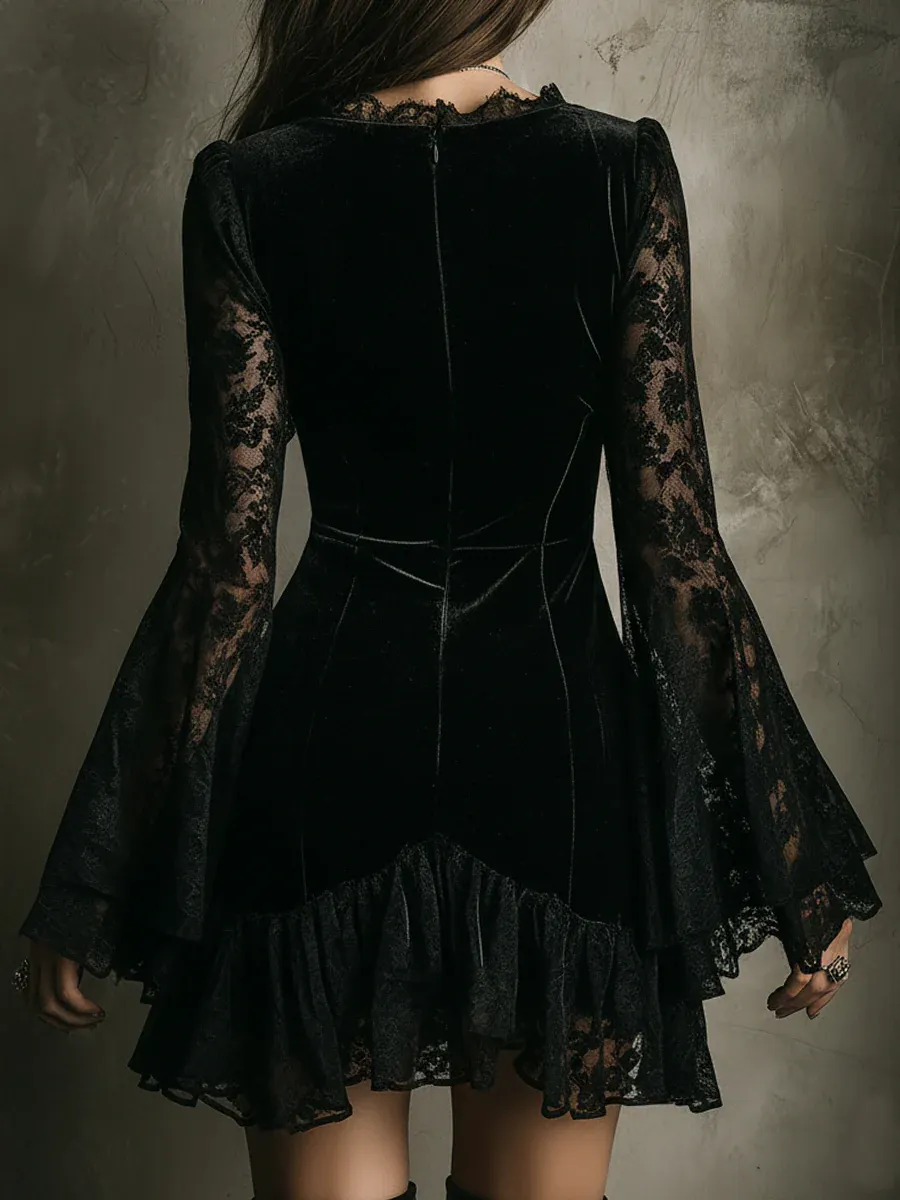 Black Lace Bell-sleeve Velvet Mini Dress