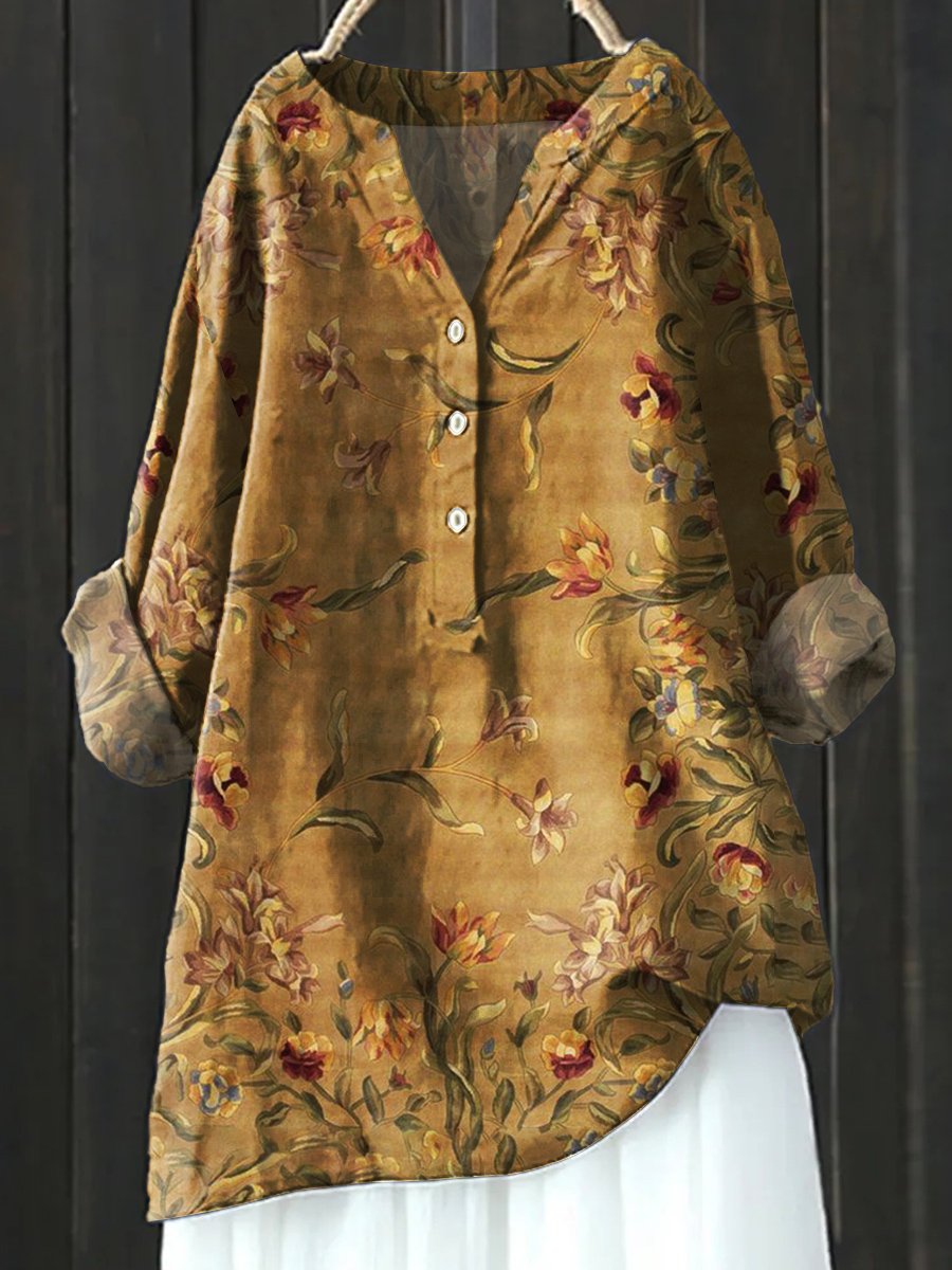 Floral Art Print Casual Cotton & Linen Shirt