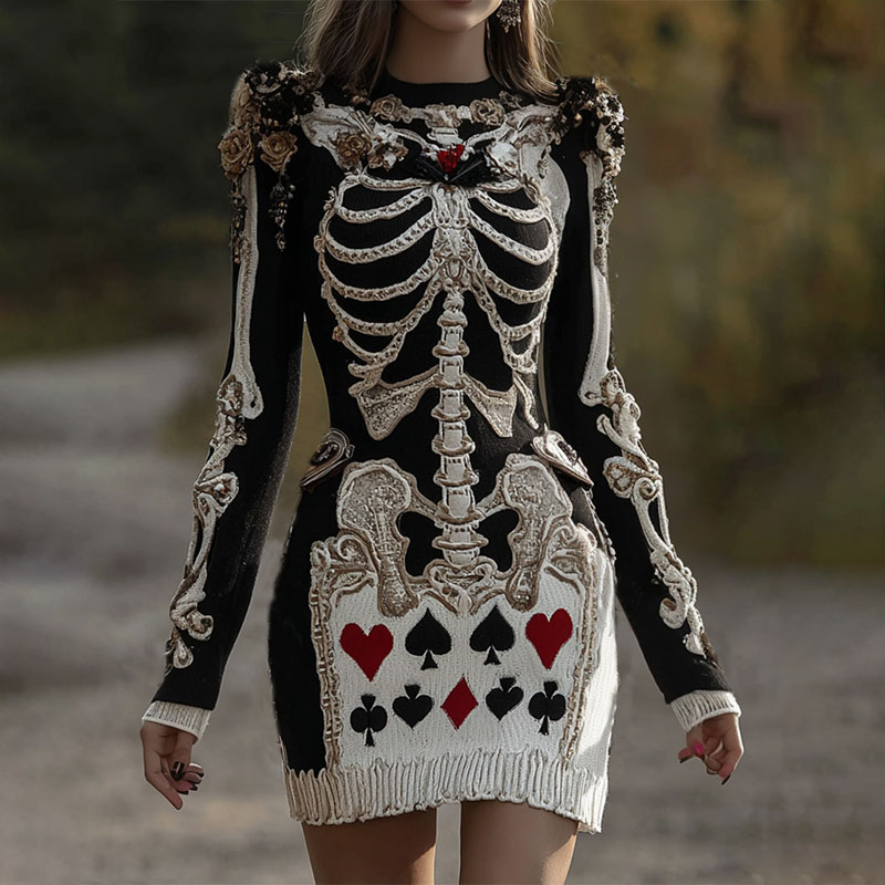Women's Halloween Skeleton Bones With Circus Harlequin Poker Art Cozy Knit Mini Sweater Dress