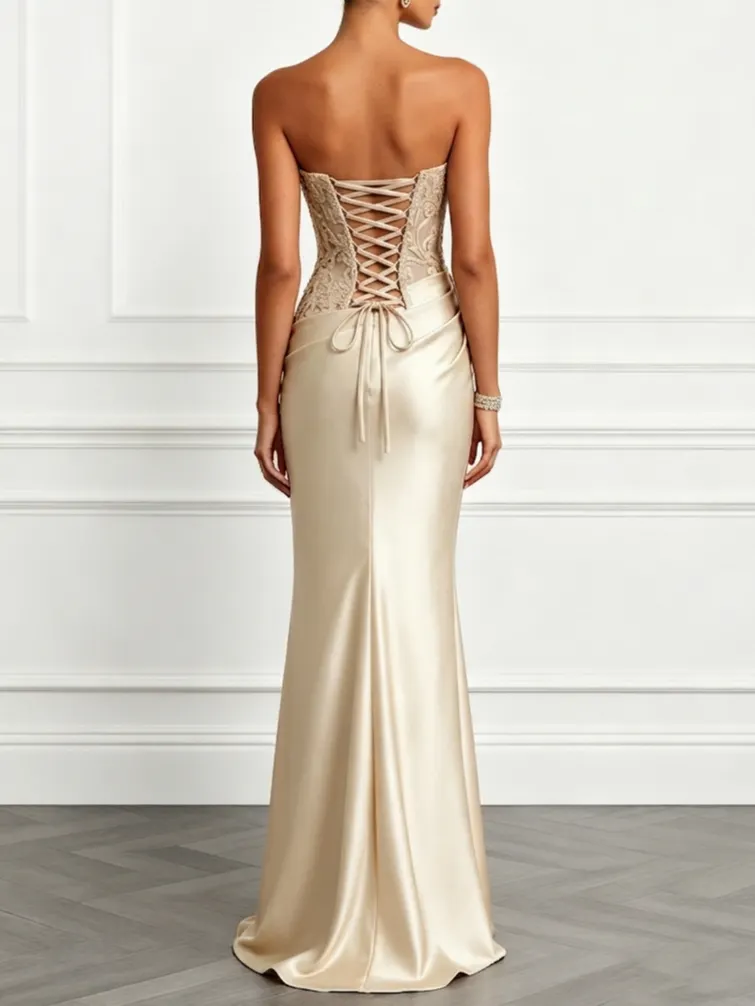 Champagne Jacquard Satin Strapless Sleeveless Mermaid Gown