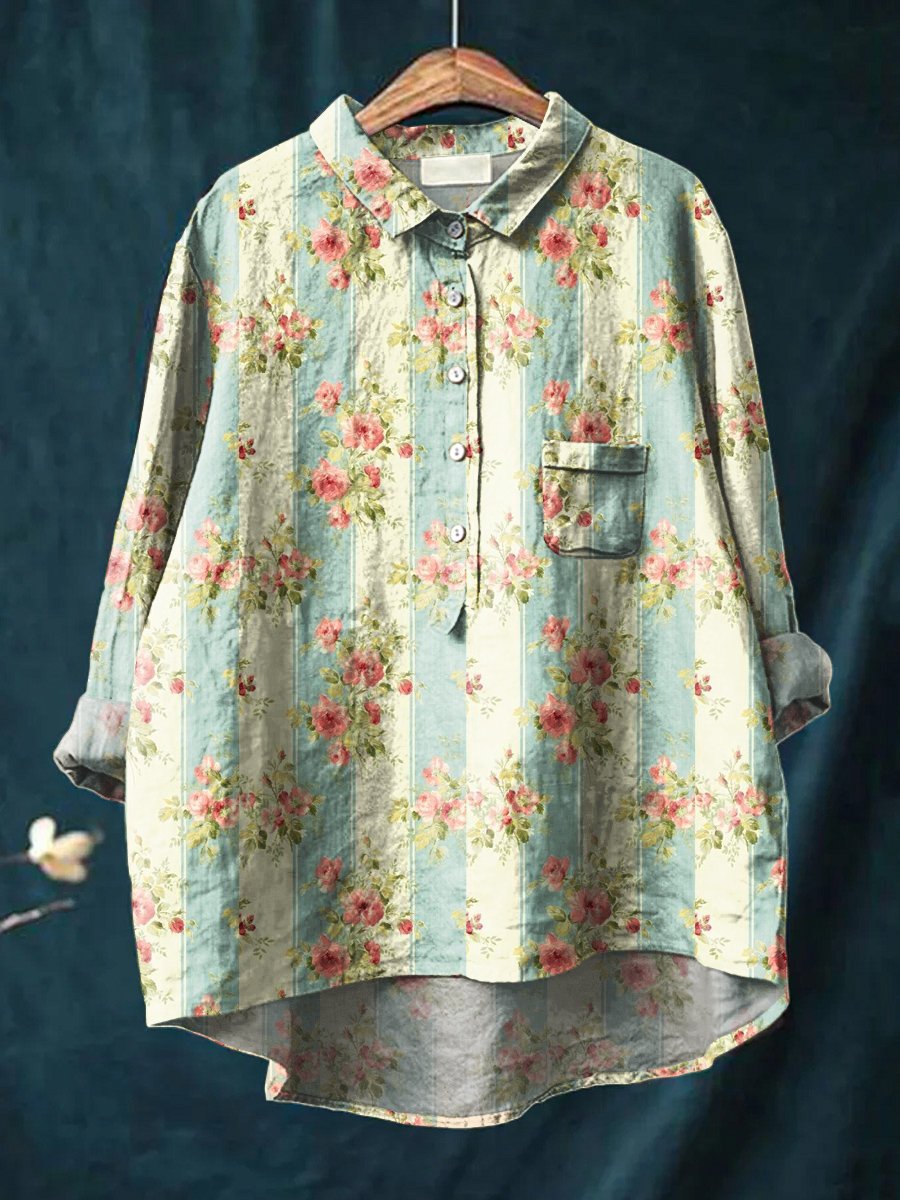 Floral Art Print Casual Cotton & Linen Shirt