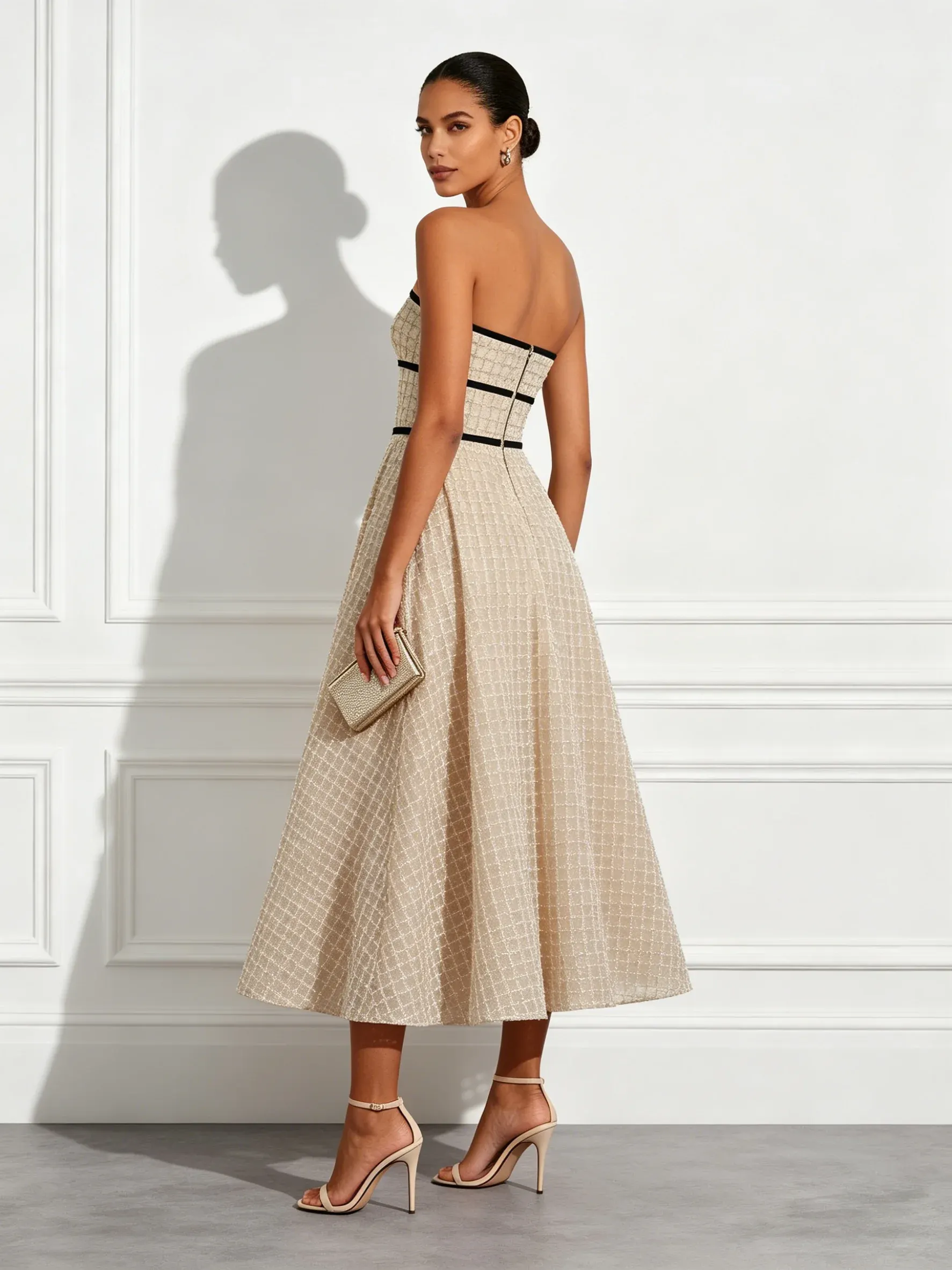 Champagne Glitter Strapless Sleeveless A-Line Midi Dress