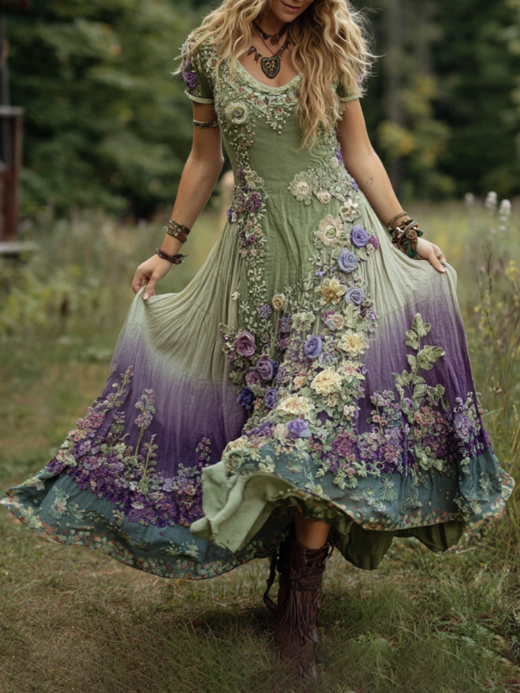 Classy Gradient Purple Lavender And Floral Embroidered Maxi Dress