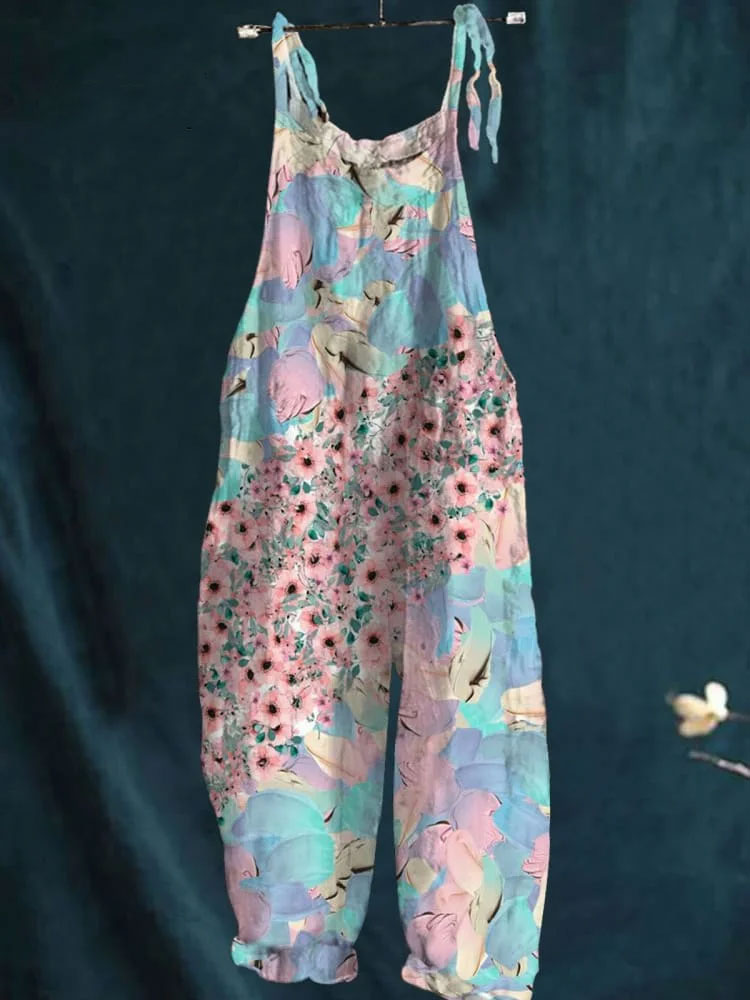 Vintage Lovely Floral Art Print Casual Wide-Leg Jumpsuit