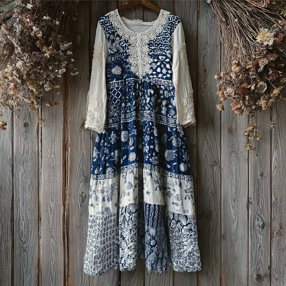 Vintage Japanese Inspired Lace Patchwork Maxi Dress