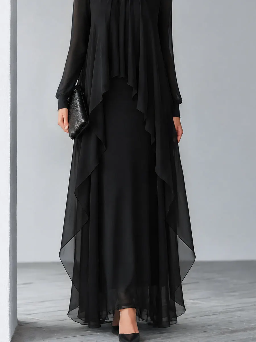Black Relaxed Flowing Layered Chiffon Maxi Dress